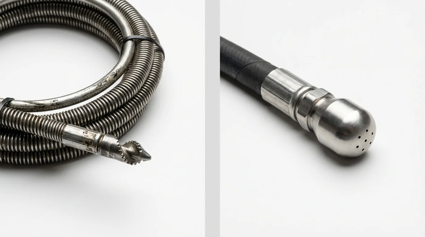 Drain snake cable and hydro jetting nozzle used for drain cleaning in Eaton, IN
