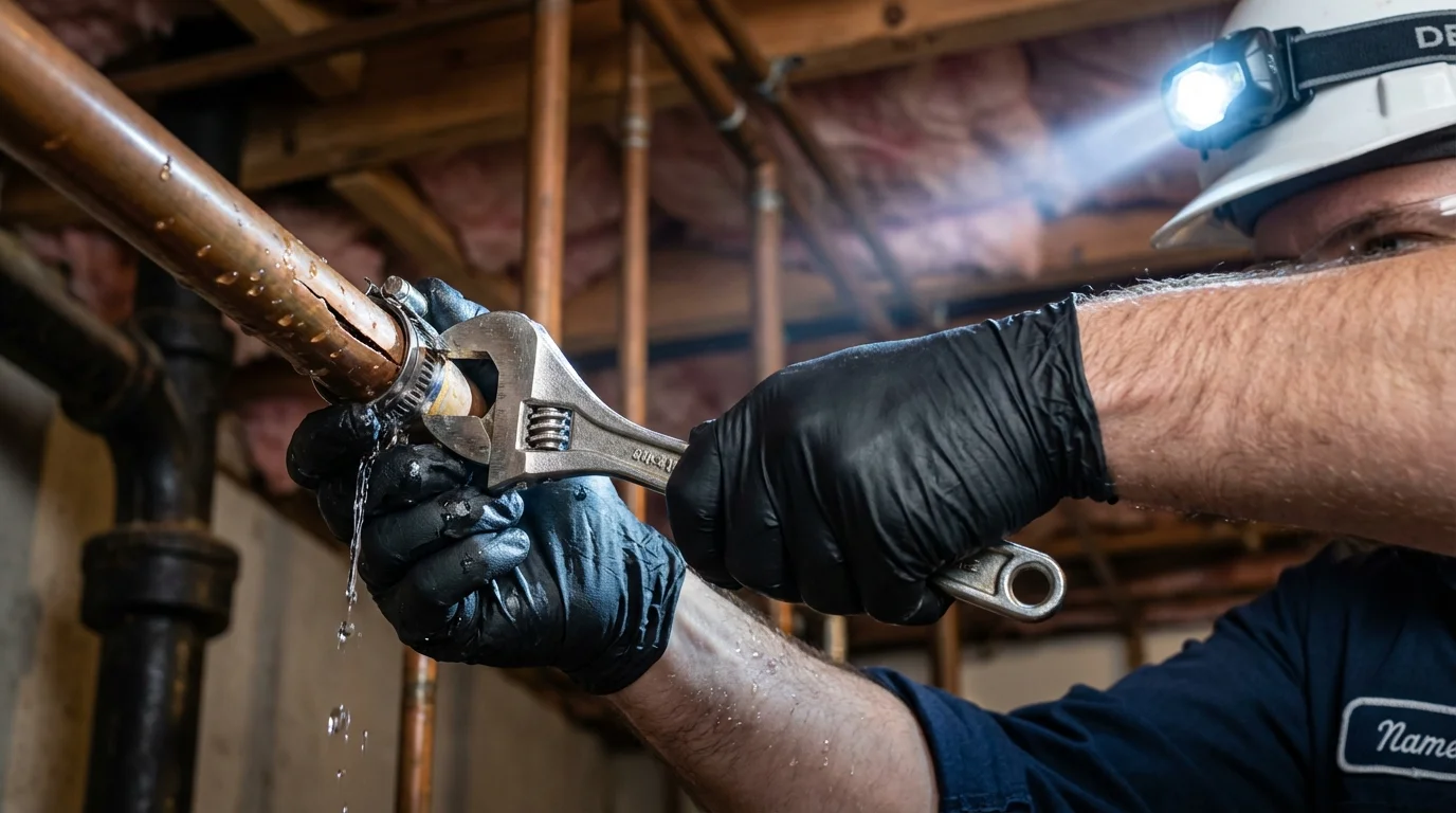 Emergency pipe clamp repair being performed by a Johns Plumbing LLC plumber in Eaton