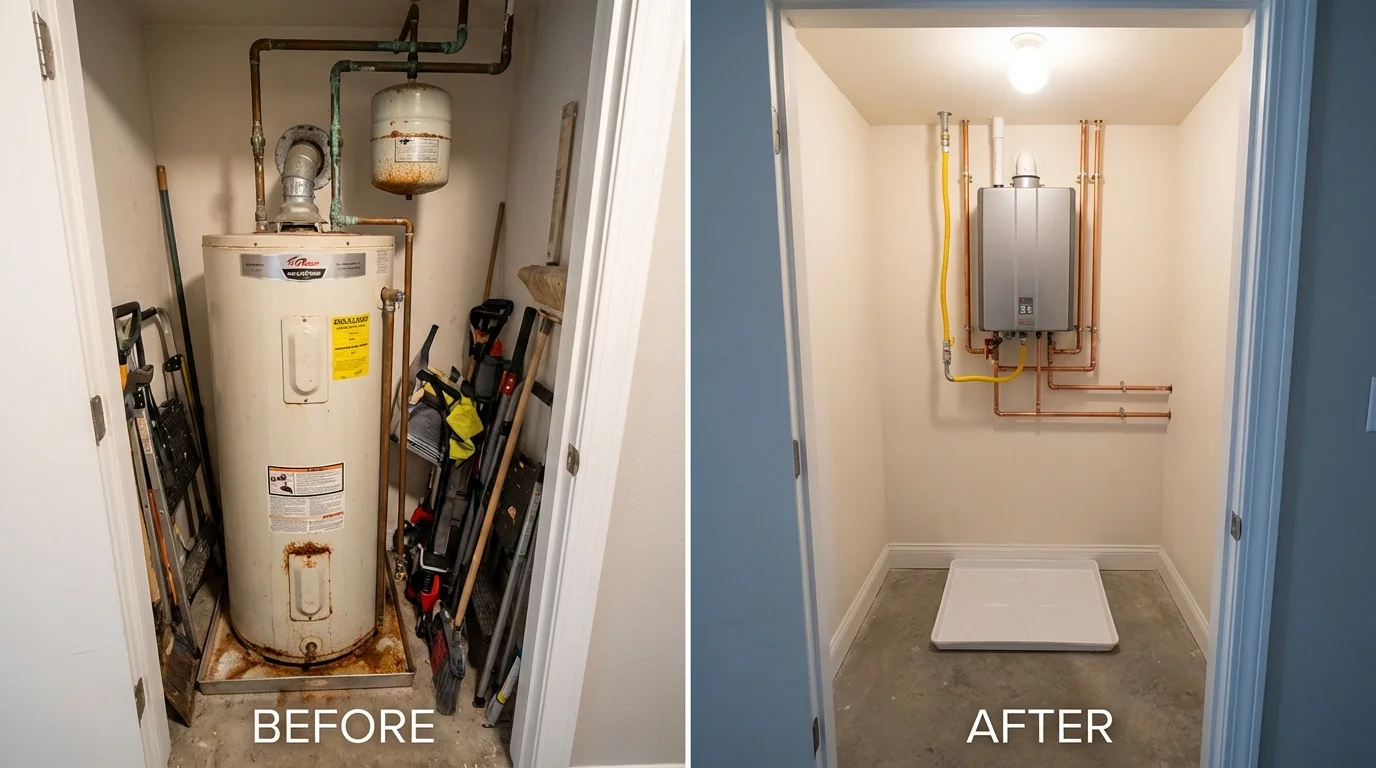 Tank water heater versus wall-mounted tankless unit comparison for Eaton, IN homeowners