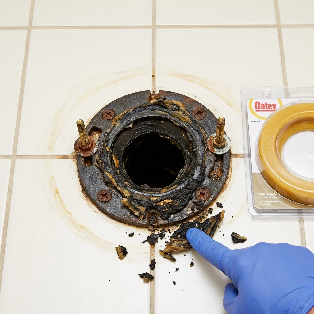 Failed wax ring showing water seepage at the base of a toilet in a Eaton, IN home