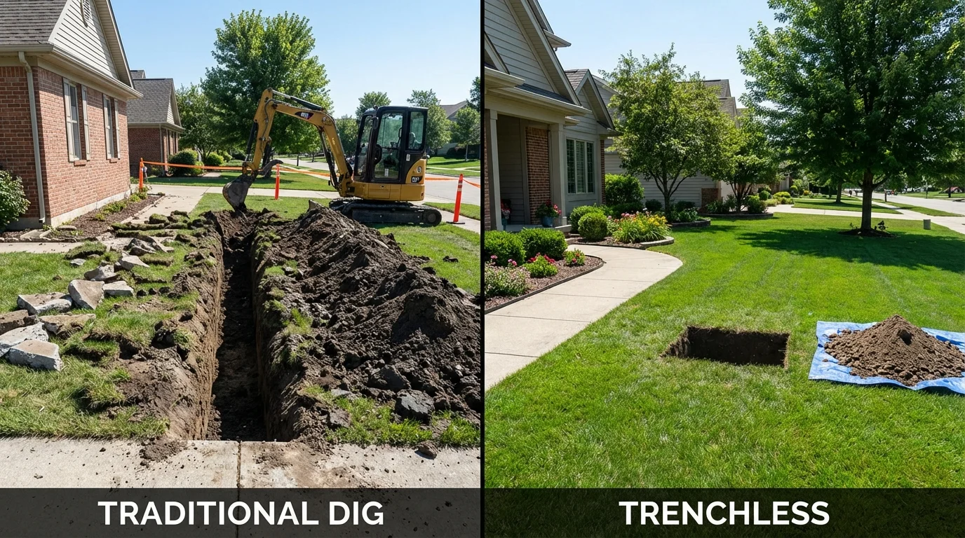 Trenchless sewer repair with minimal yard damage versus traditional excavation in Eaton, IN