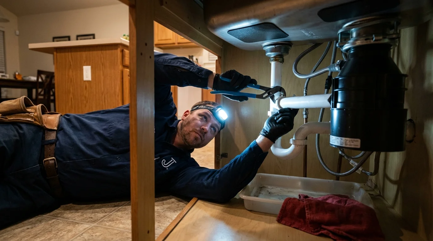 P-trap and supply line connections under a kitchen sink showing a common leak point in Eaton, IN